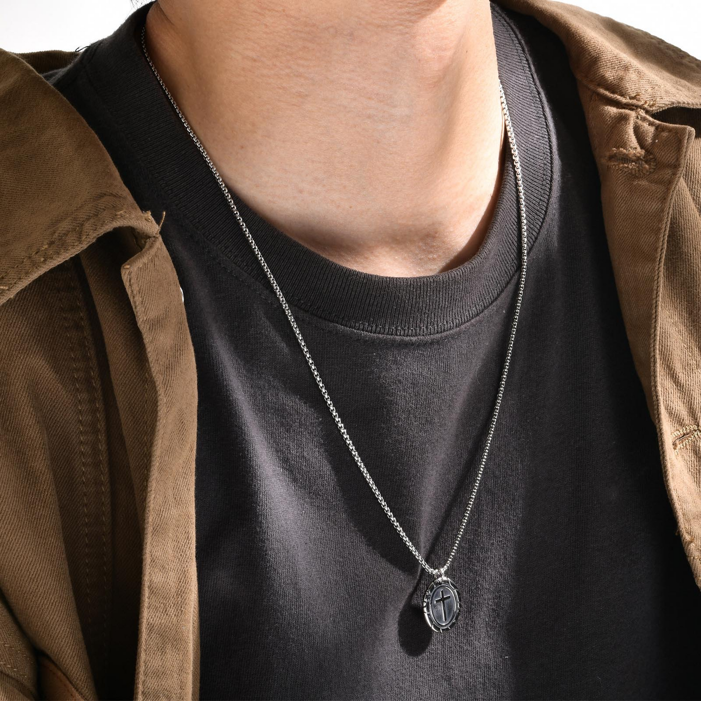 Kemstone Stainless Steel Double-Sided Cross Oval Pendant Necklace for Men PN-1808