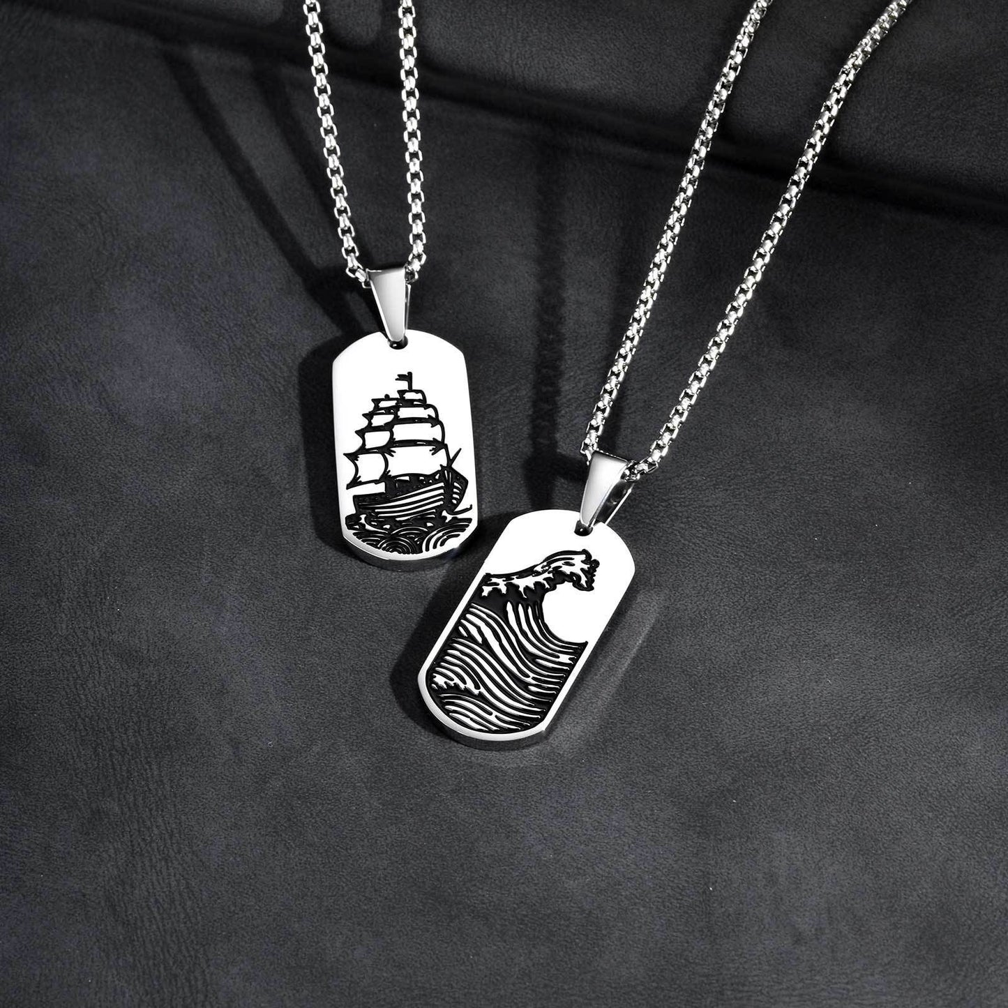 Stainless Steel Wave Tag Necklace – Black Etched Sailboat Pendant for Men PN-2168