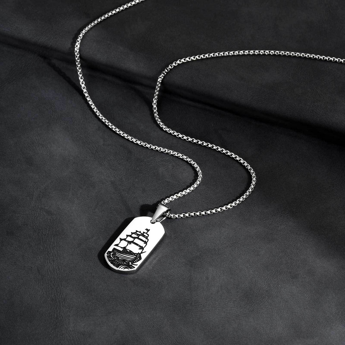 Stainless Steel Wave Tag Necklace – Black Etched Sailboat Pendant for Men PN-2168