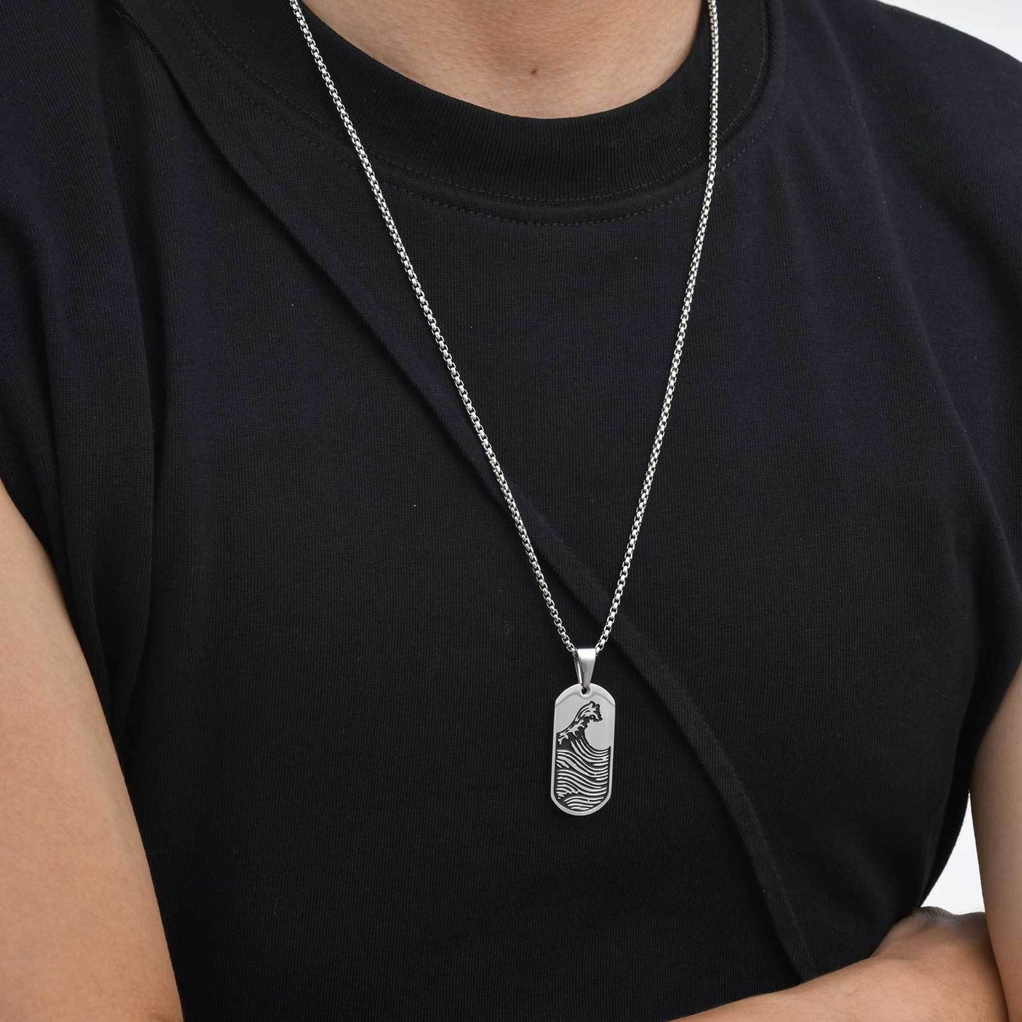 Stainless Steel Wave Tag Necklace – Black Etched Sailboat Pendant for Men PN-2168