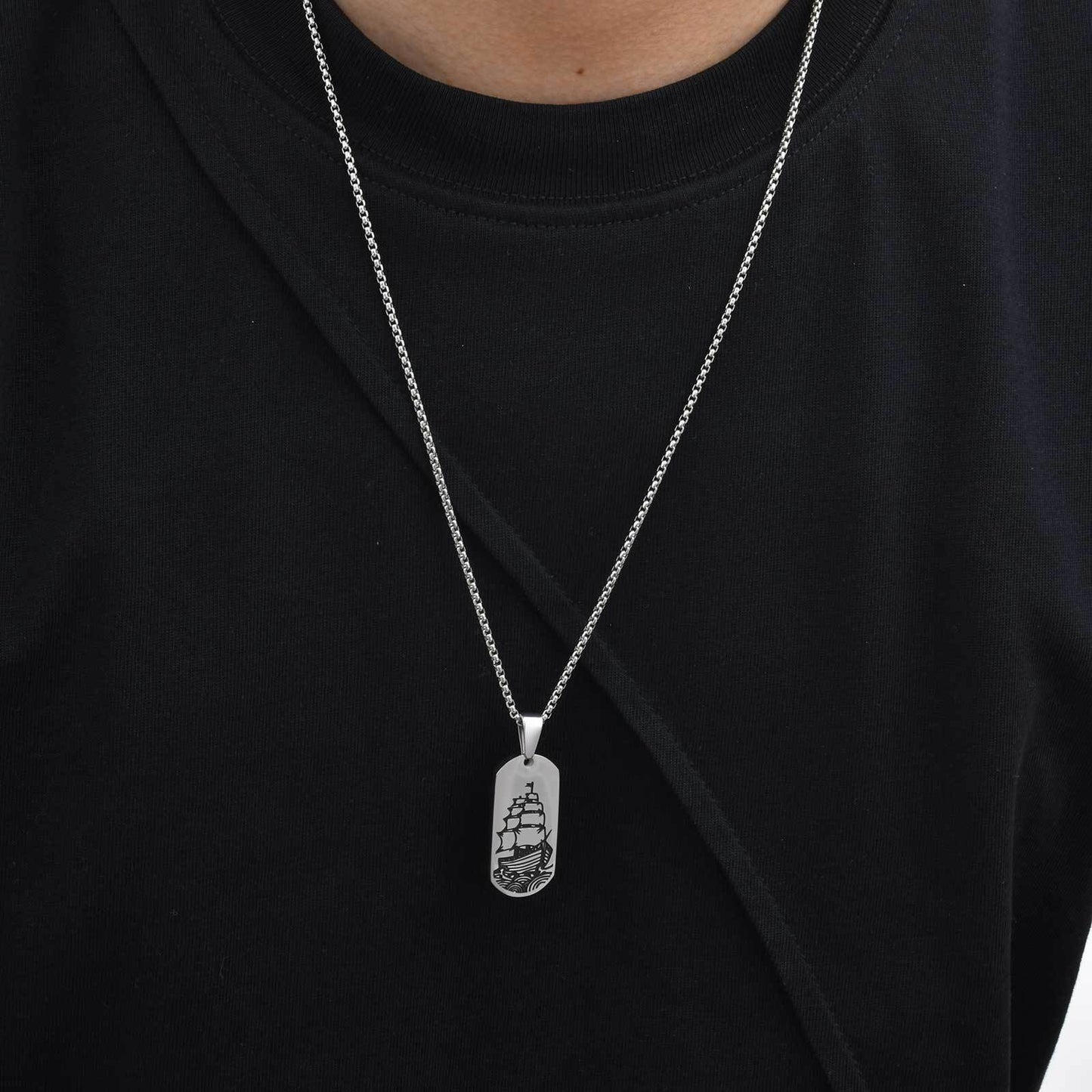 Stainless Steel Wave Tag Necklace – Black Etched Sailboat Pendant for Men PN-2168