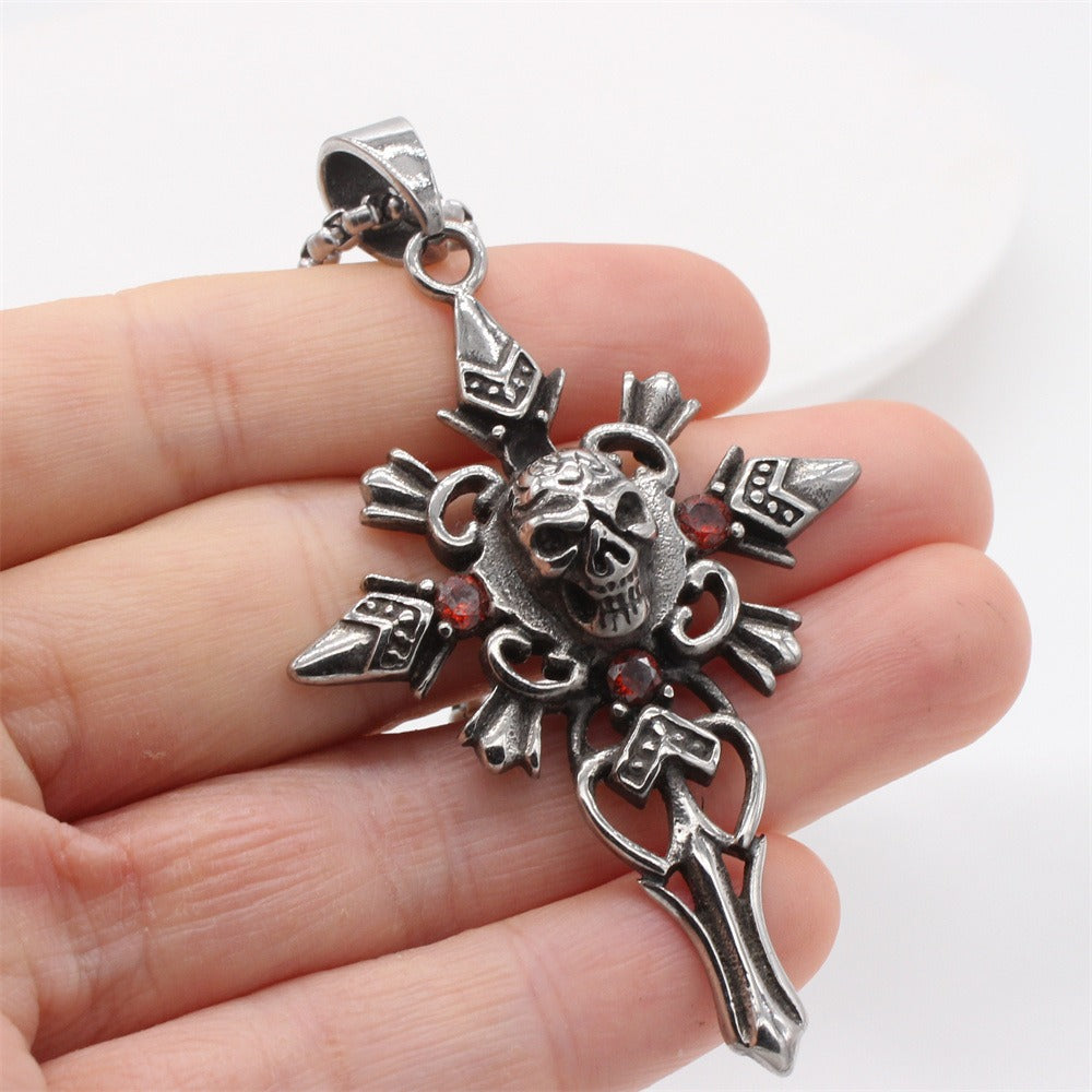 Kemstone Skull Cross Titanium Steel Pendant Necklace for Men – Red Cubic Zirconia Inlay P1400