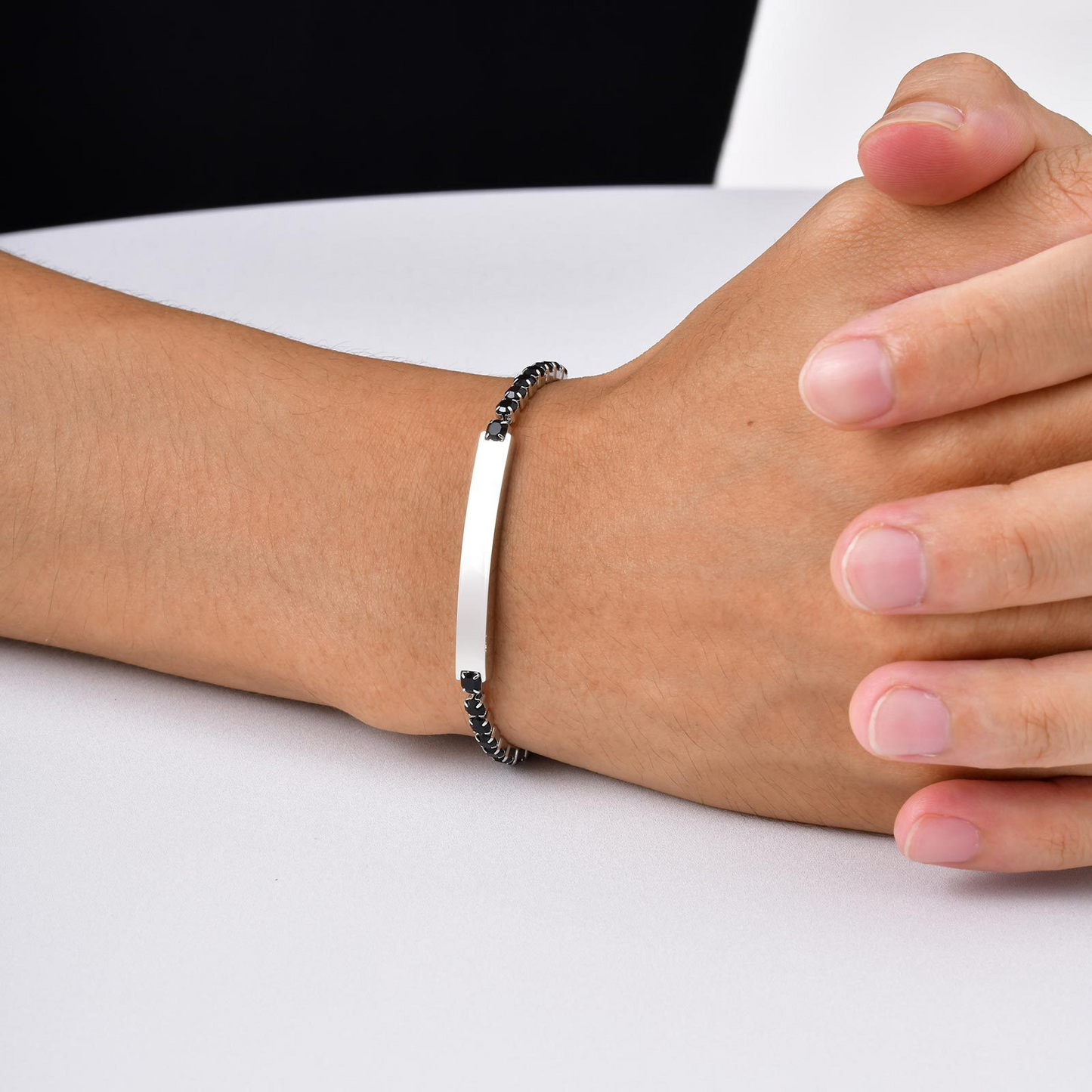 Kemstone Stainless Steel ID Bracelet – Black Cubic Zirconia Accent for Men BR-2709