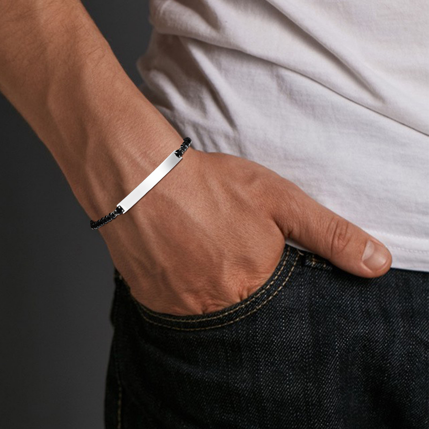 Kemstone Stainless Steel ID Bracelet – Black Cubic Zirconia Accent for Men BR-2709