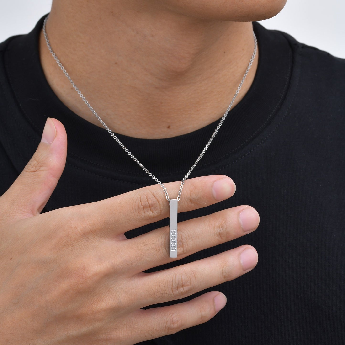 Kemstone Stainless Steel Cubic Zirconia Bar Pendant Necklace for Men NC-2272