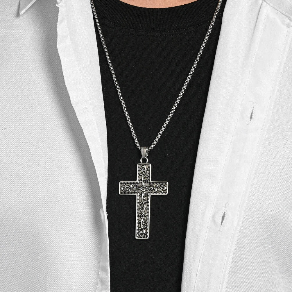 Kemstone Vintage Floral Engraved Cross Stainless Steel Pendant Necklace for Men K-PT703