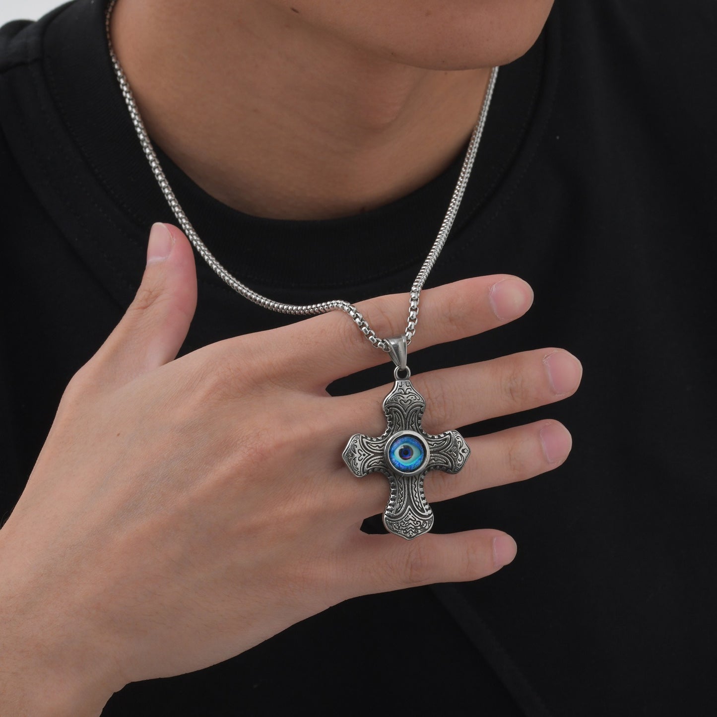 Kemstone Stainless Steel Cross Pendant Necklace – Blue Symbol Detail for Men PN-2150