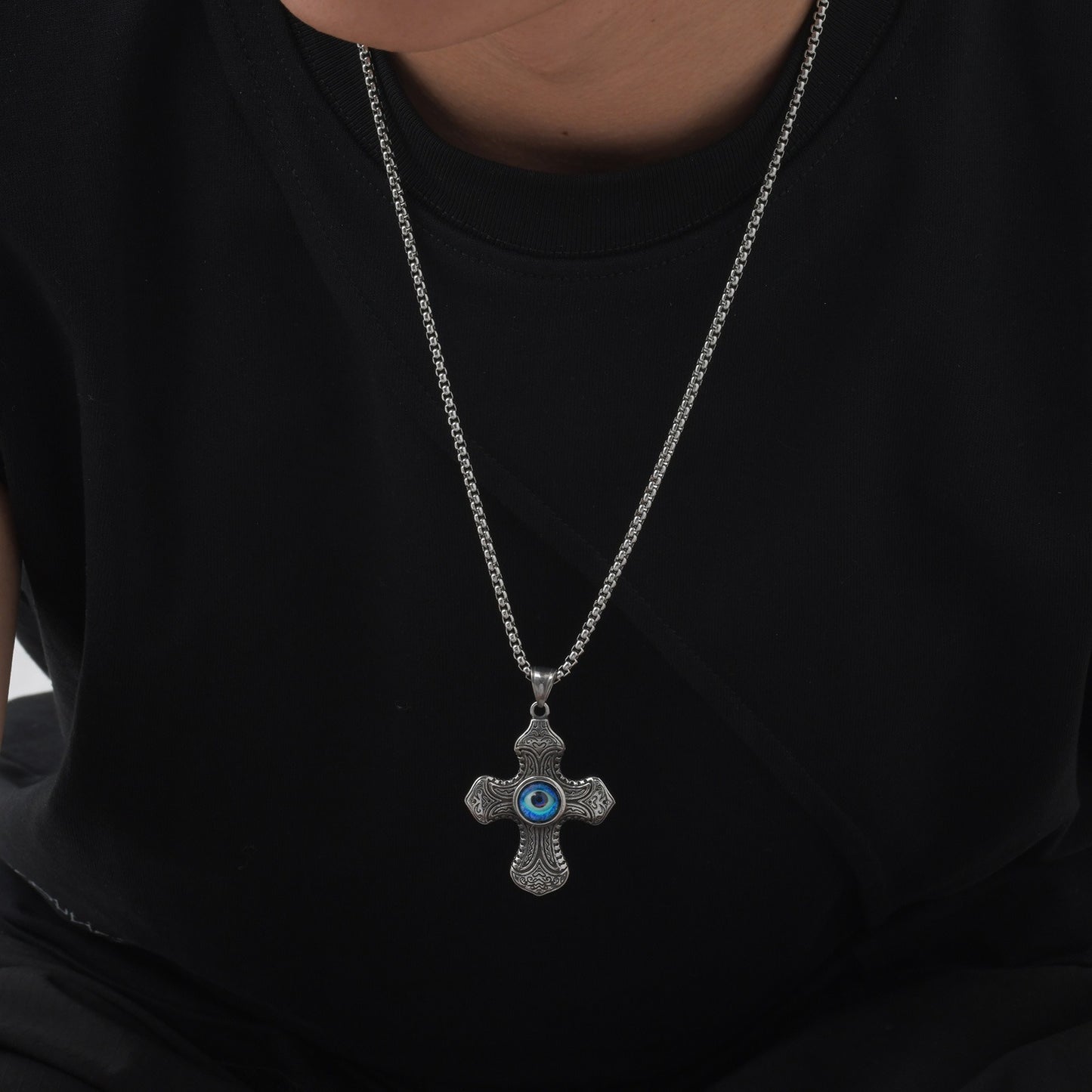 Kemstone Stainless Steel Cross Pendant Necklace – Blue Symbol Detail for Men PN-2150