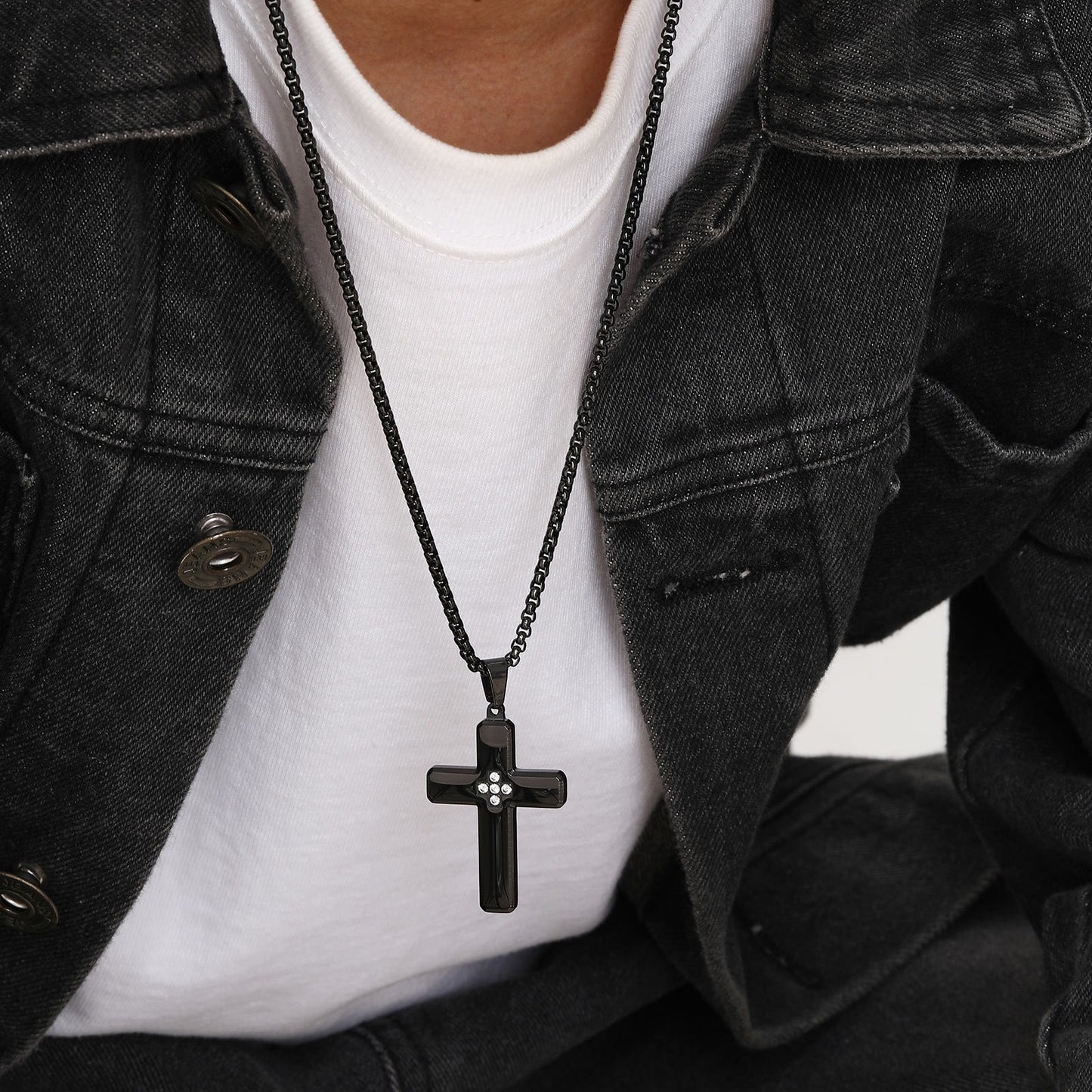 Kemstone Stainless Steel Cross Pendant Necklace with Cubic Zirconia Inlay for Men PN-2044