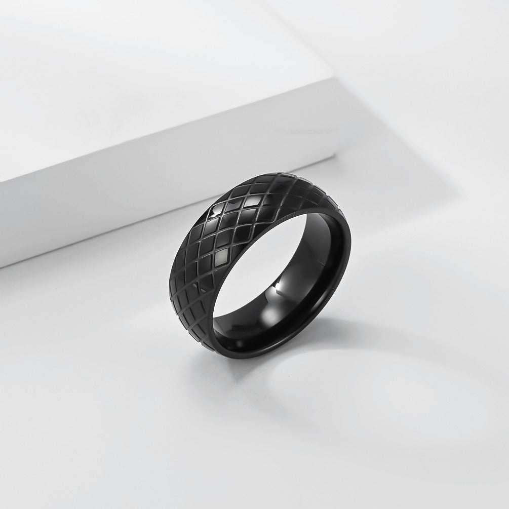 Kemstone Stainless Steel Geometric Grid Ring for Men 8mm Vintage Textured Pattern K-R1183