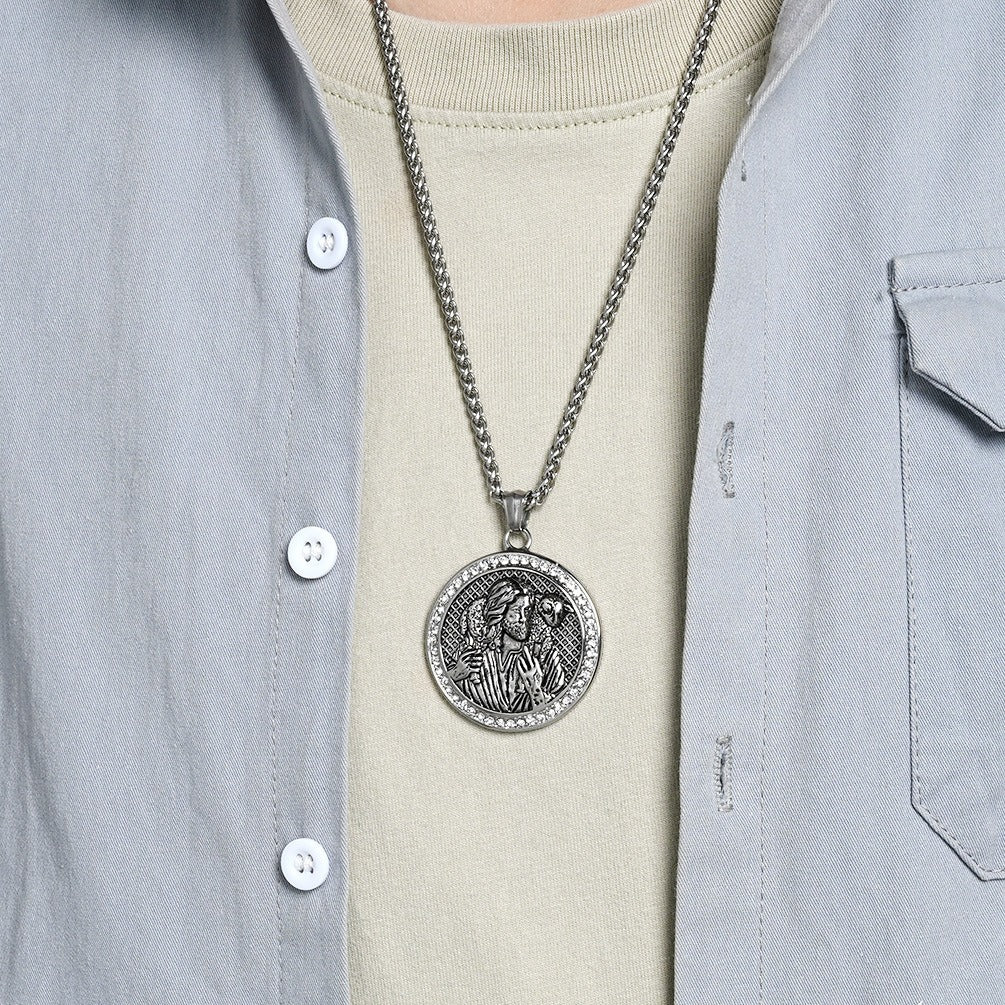 Kemstone Stainless Steel Guardian Figure Relief Pendant Necklace – Vintage Medallion Style K-PT688