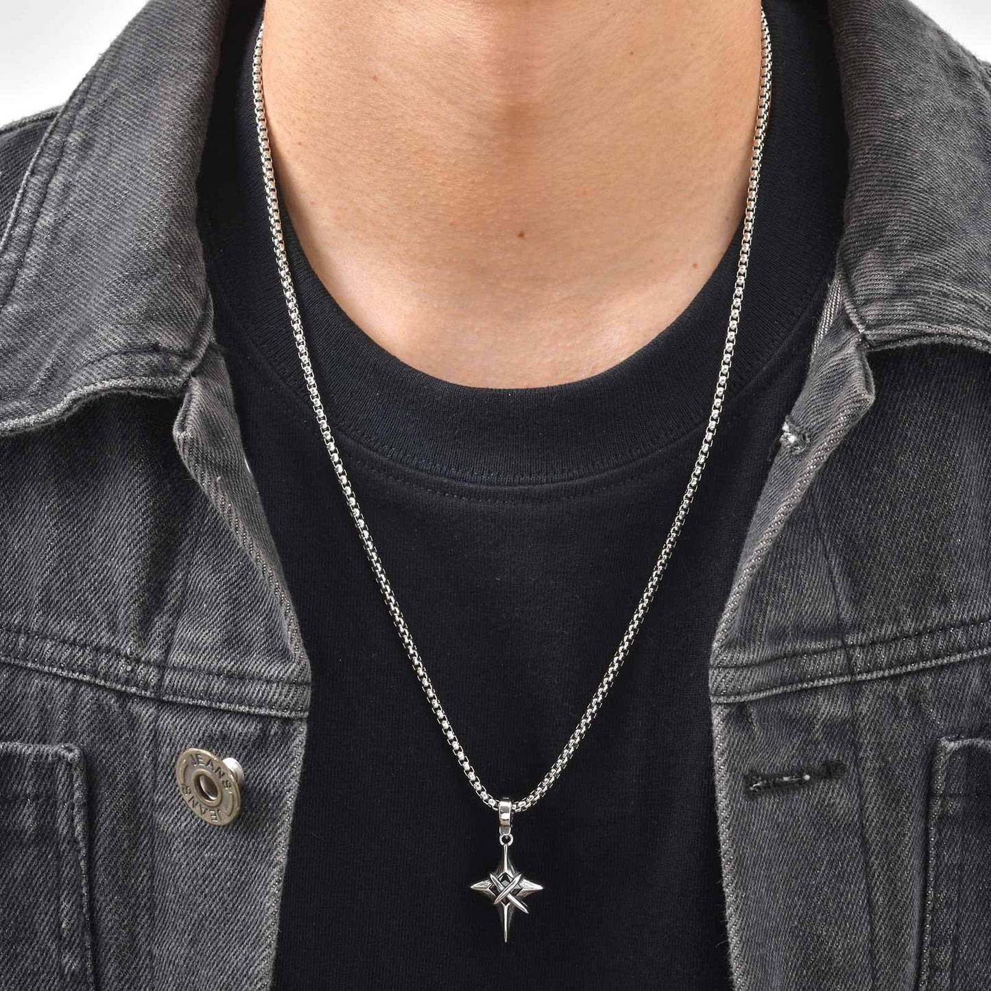 Kemstone Stainless Steel Four-Point Star Pendant Necklace for Men – Black Cubic Zirconia PN-2316