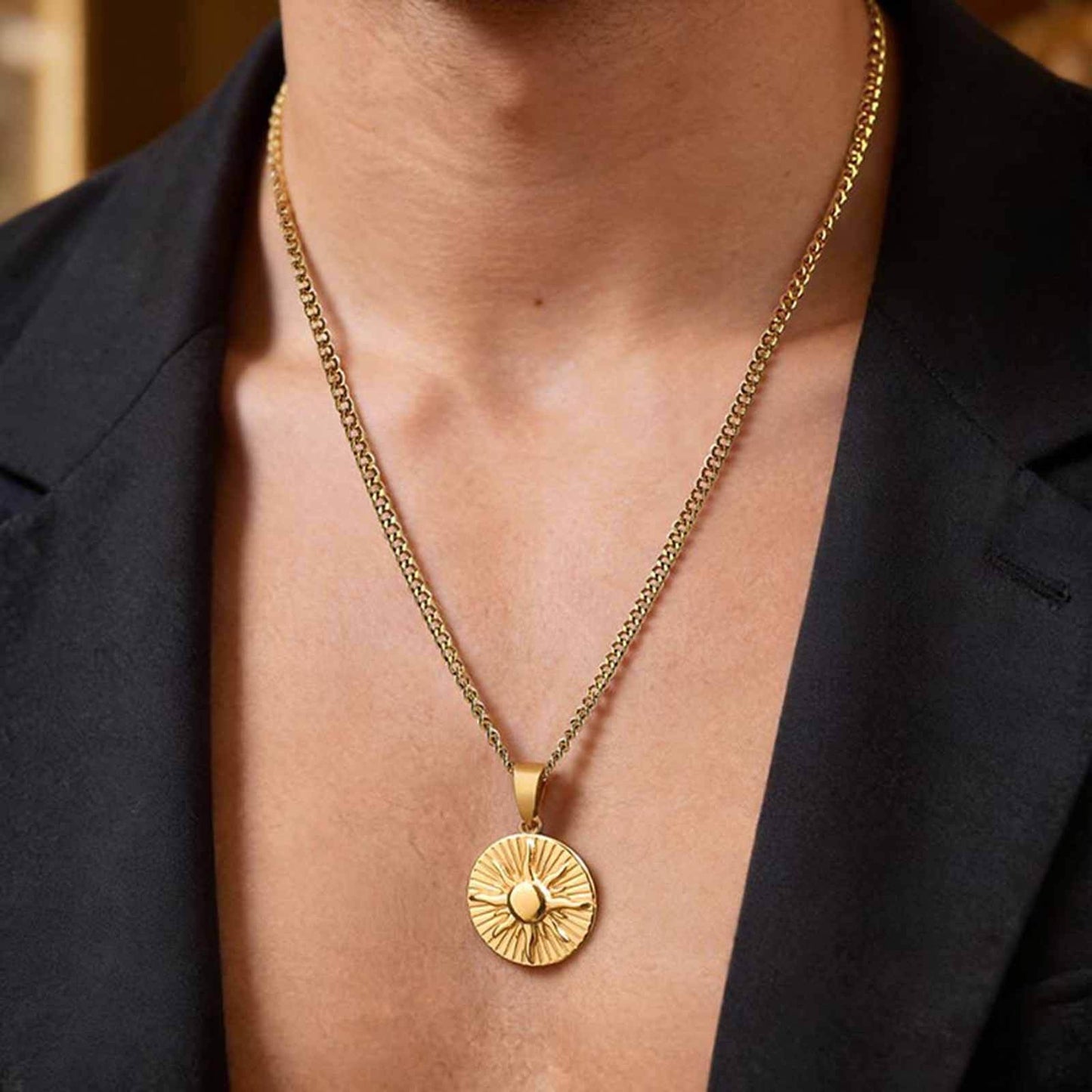 Kemstone Stainless Steel Sun Pendant Necklace for Men Round Disc Gold Silver PN-2306