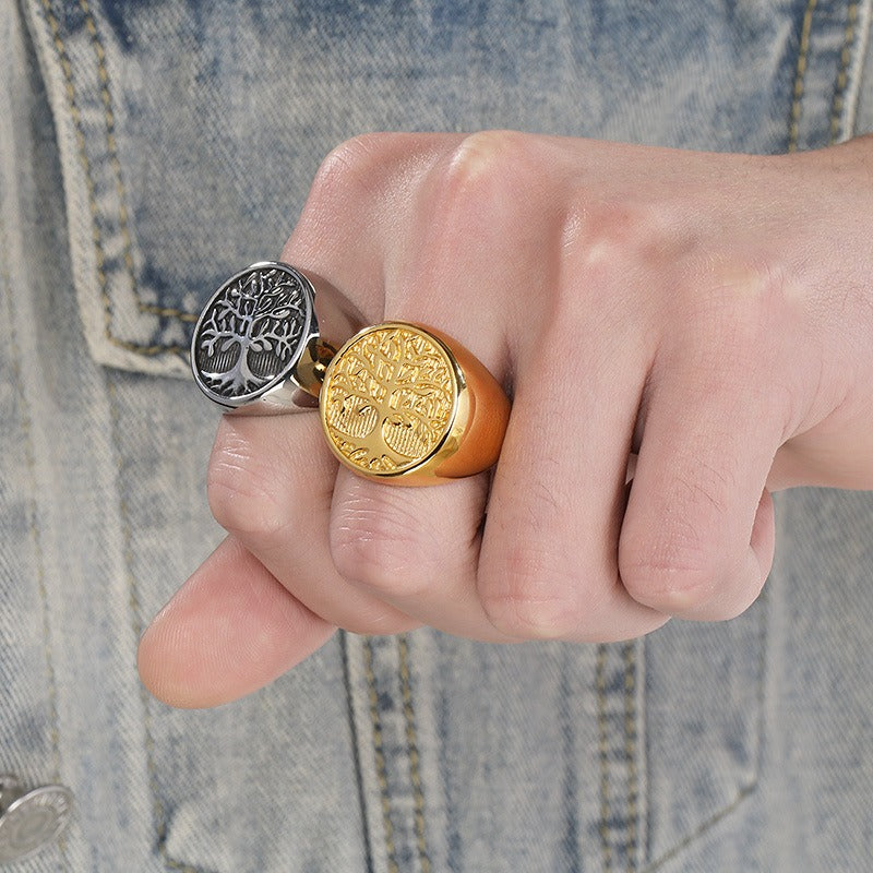 Kemstone Men’s Titanium Steel Tree of Life Ring – Vintage Signet Band K-R112702