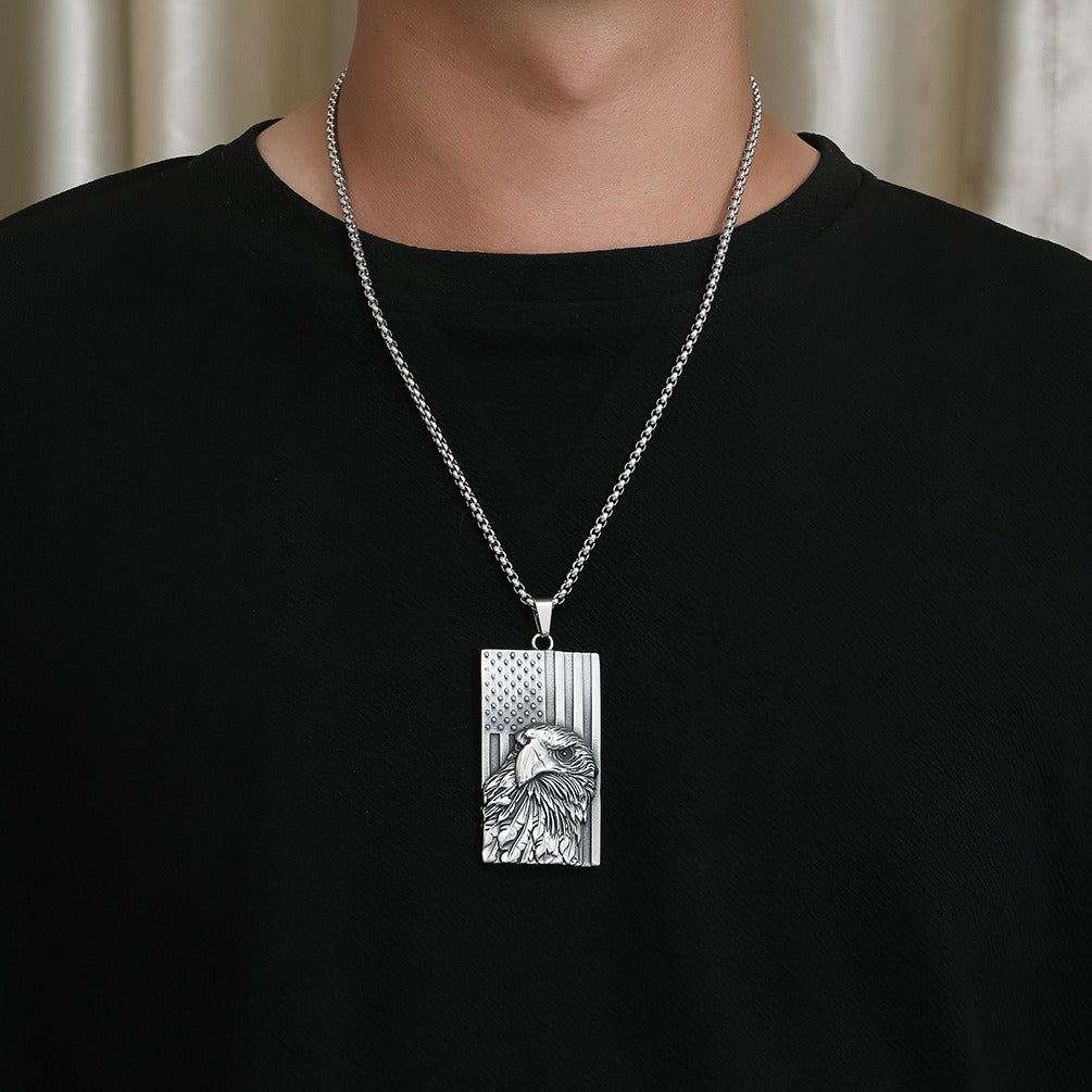 Kemstone Titanium Steel Eagle Flag Pendant Necklace for Men – Sculpted Relief Design K-PT486