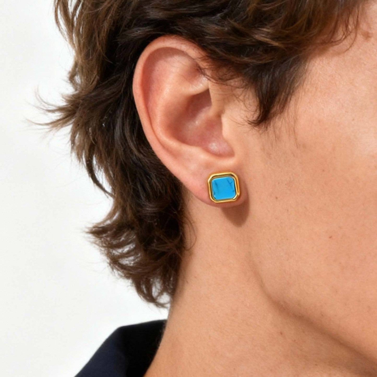 Kemstone Stainless Steel Square Stud Earrings – Shell, Tiger’s Eye, Malachite, Turquoise  for Men & Women ES-728