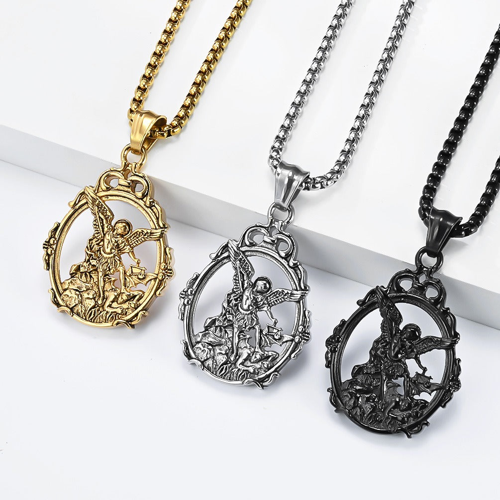 Kemstone Stainless Steel Angel Pendant Necklace for Men Vintage Relief Archangel Medallion Oval Silver Gold Black K-PT711