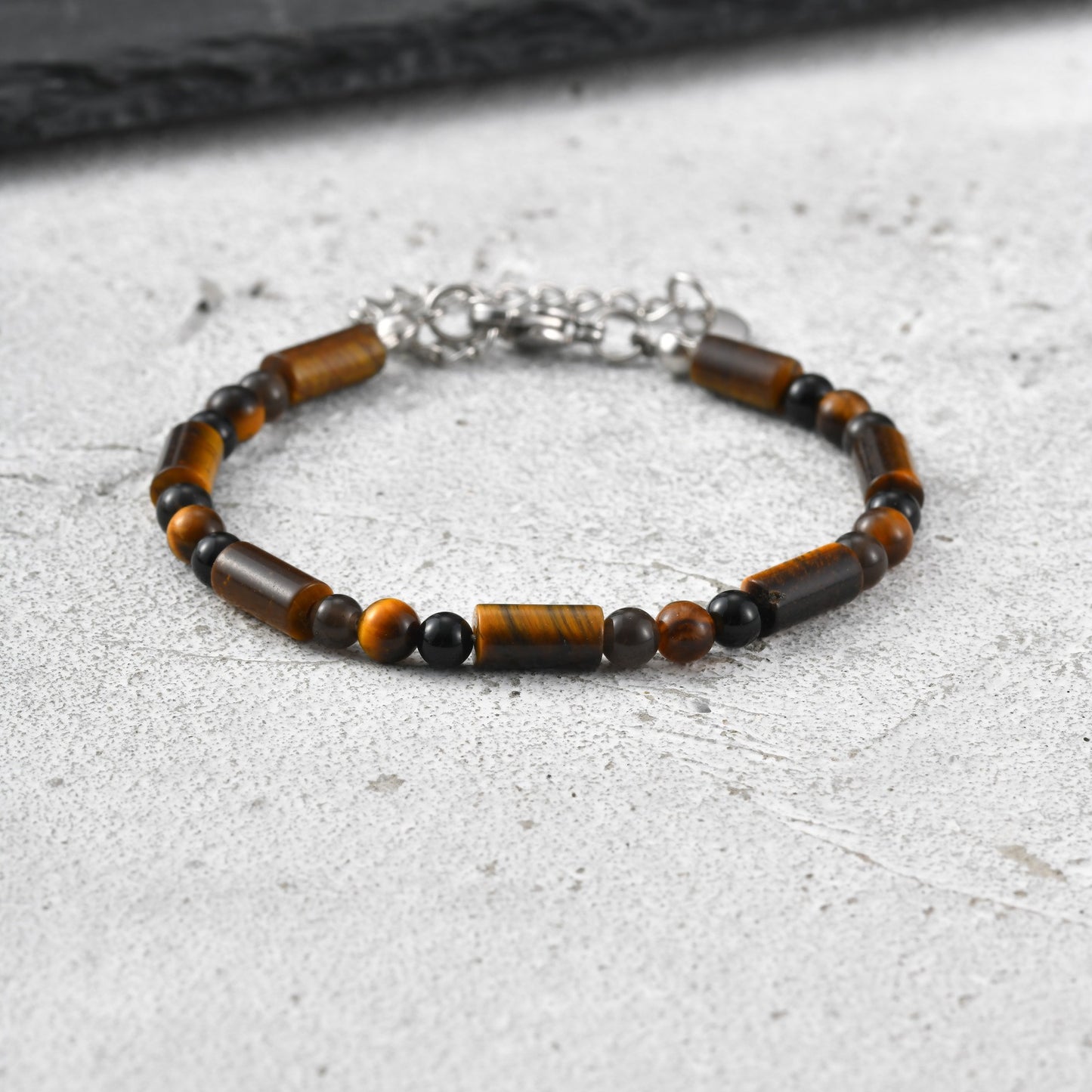 Kemstone Tiger Eye Beaded Bracelet for Men – Natural Stone Black Onyx Adjustable Chain BR-2924
