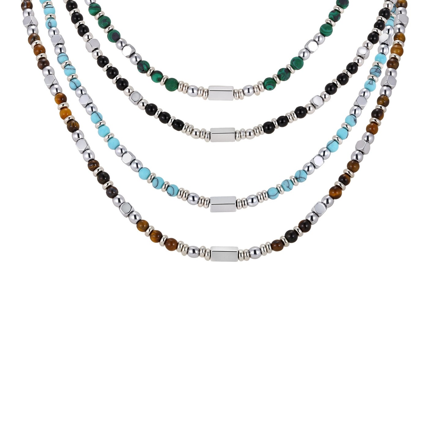 Kemstone Beaded Necklace Stainless Steel Bar Mixed Stone Malachite Turquoise for Men NC-2811