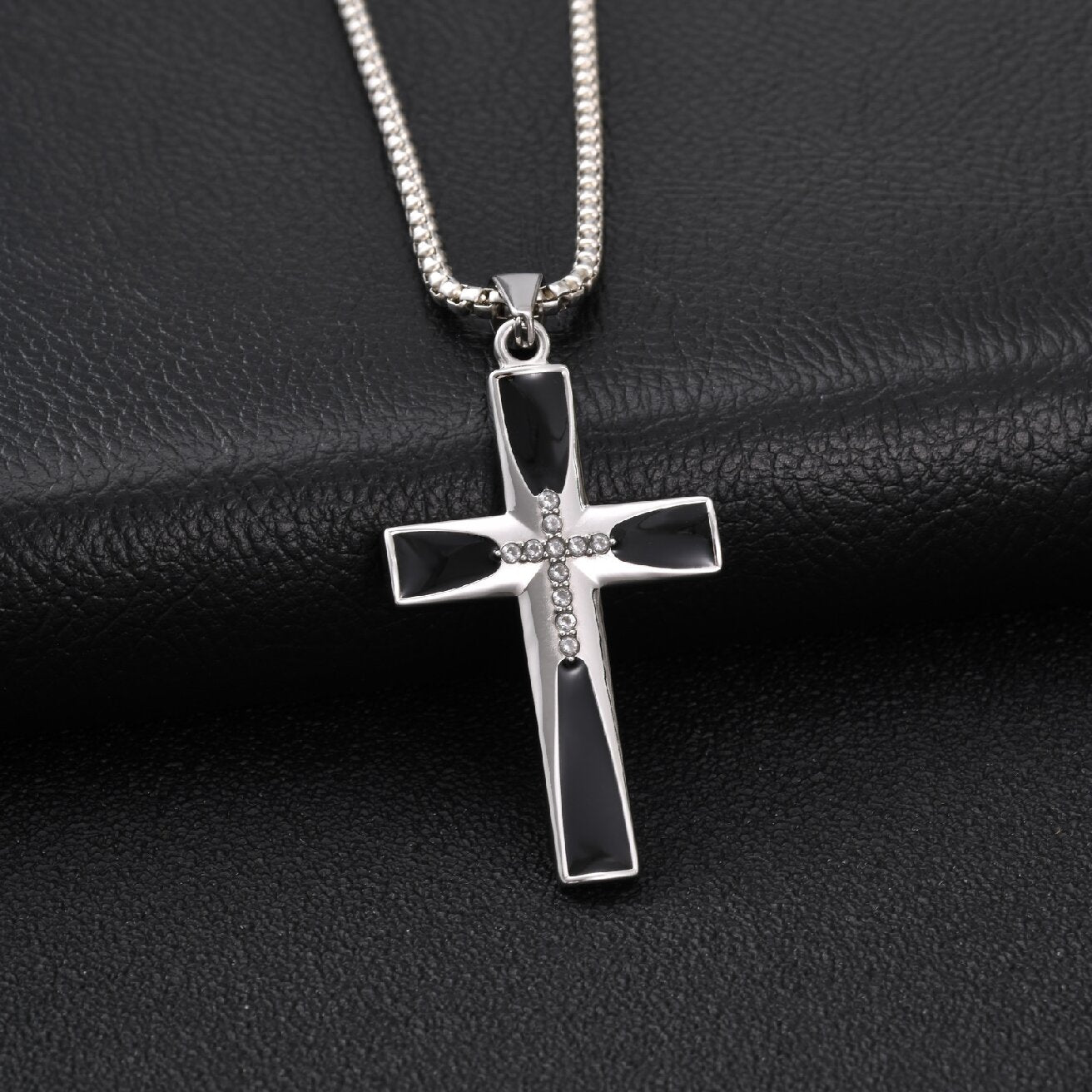 Kemstone Stainless Steel Black Cross Pendant Necklace with Cubic Zirconia for Men PN-2321