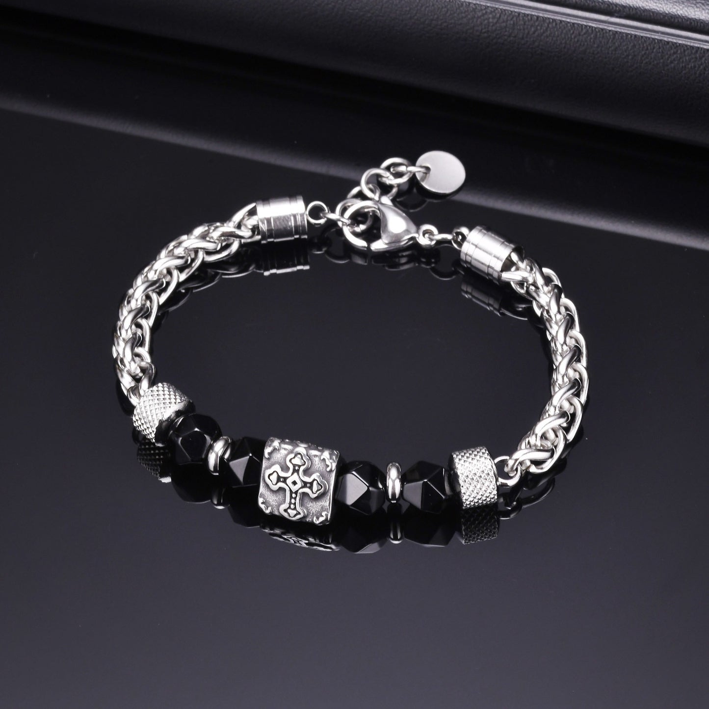 Kemstone Beaded Chain Bracelet for Men Stainless Steel Black Faceted Cross Detail BR-1907