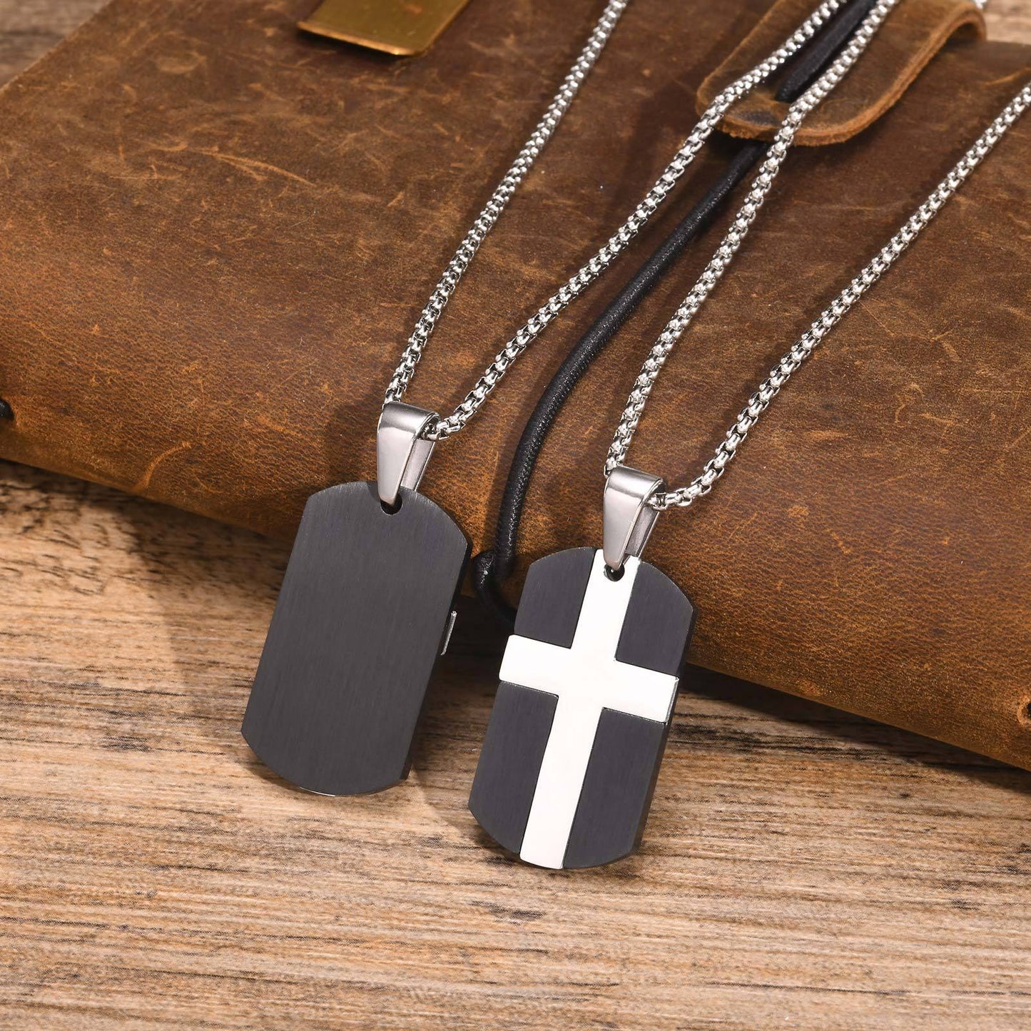 Kemstone Stainless Steel Cross Tag Pendant Necklace for Men Black Brushed Plate PN-1981