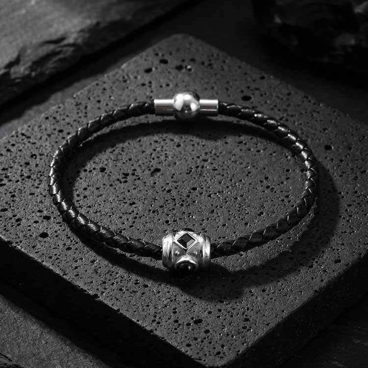 Kemstone Black Leather Bracelet for Men Stainless Steel Zirconia Agate Detail BL-812