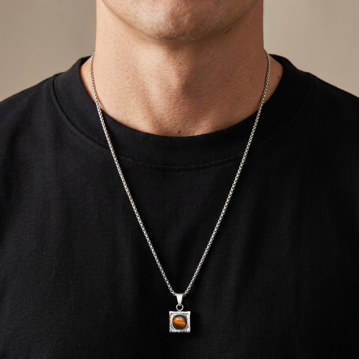 Kemston Stainless Steel Black Onyx Square Pendant Necklace for Men Minimal Stone Design PN-2421