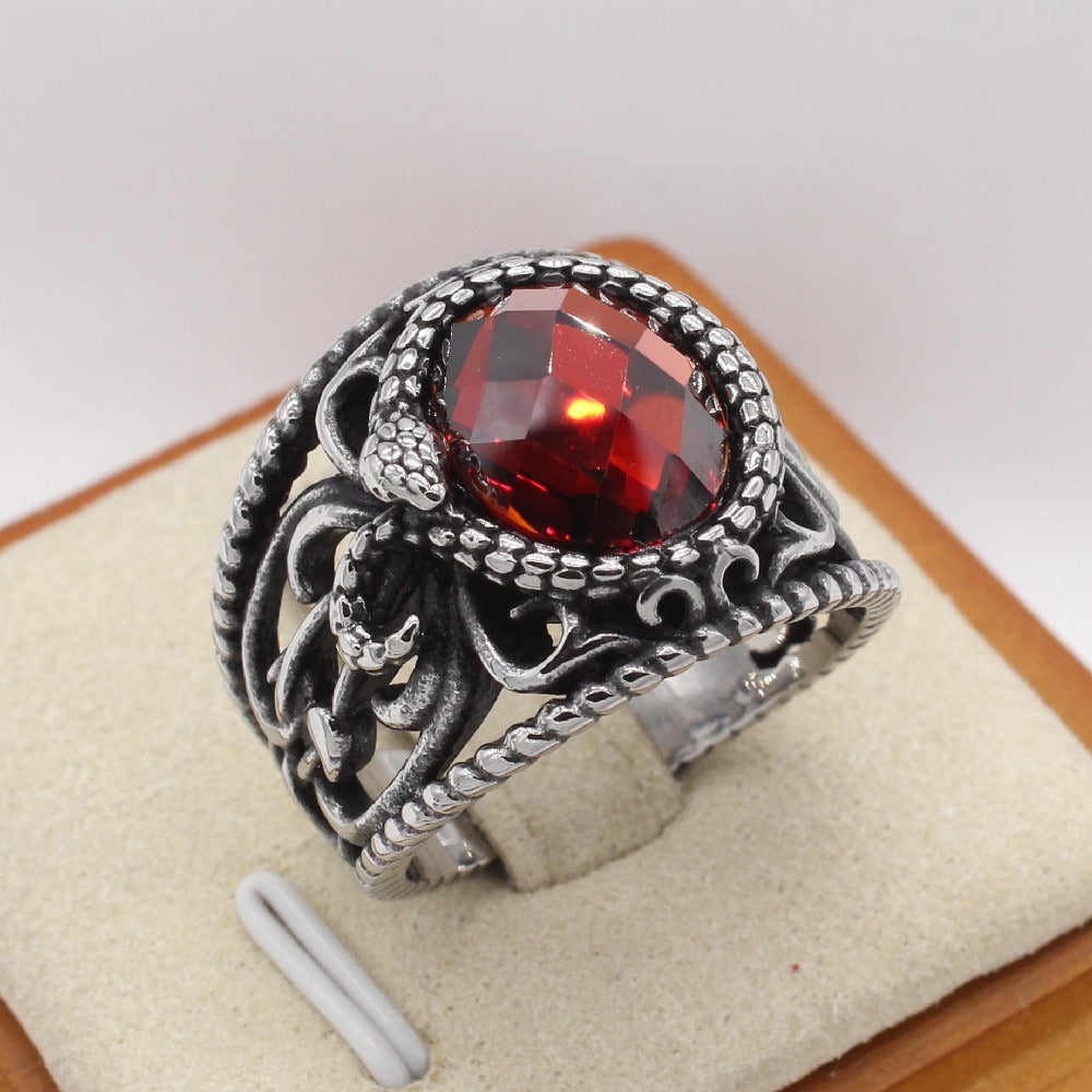 Kemstone Vintage Stone Inlay Signet Ring for Men Titanium Steel Hollow Filigree Design R1672