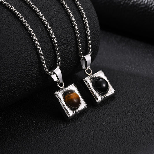 Kemston Stainless Steel Black Onyx Square Pendant Necklace for Men Minimal Stone Design PN-2421