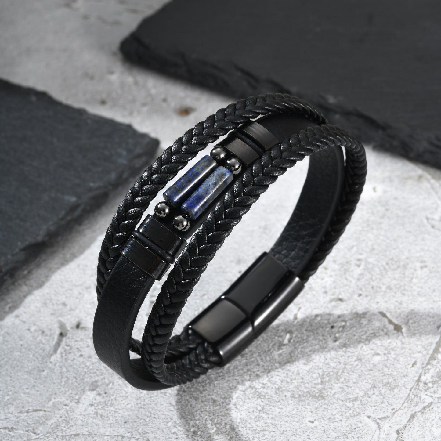 Kemstone Stainless Steel Lapis Lazuli Double-Layer Bracelet for Men BL-841
