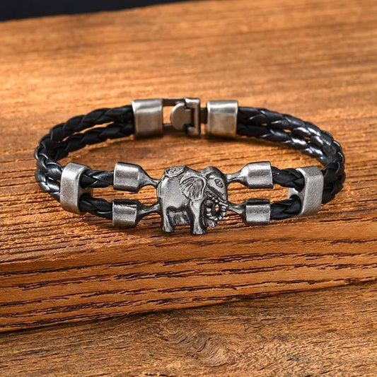 Kemstone Elephant Leather Bracelet Double Braided Black PU Cord with Alloy Clasp for Men BL-825