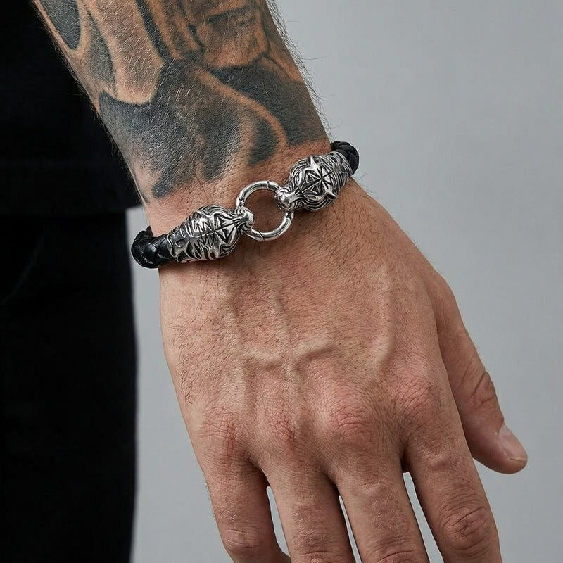 Kemstone Titanium Steel Leather Bracelet for Men Vintage Dragon Tiger Anchor Clasp KB87977-BD