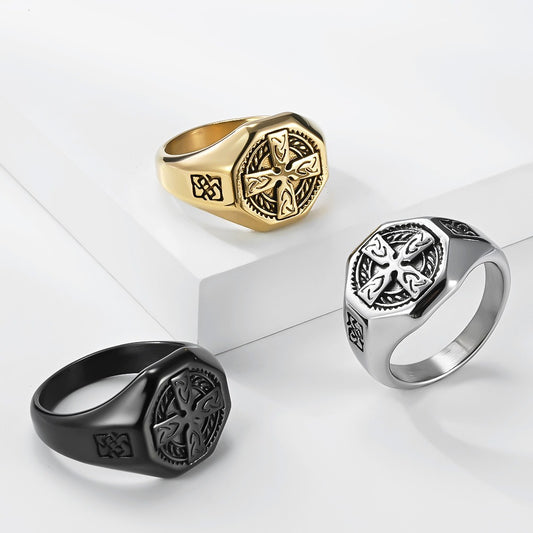 Kemstone Stainless Steel Celtic Cross Ring for Men Vintage Knot Signet Nordic Style Silver Gold Black K-R1142