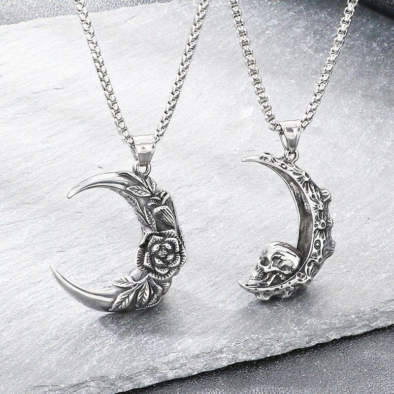 Kemstone Crescent Moon Pendant Necklace Titanium Steel Carved Floral Gothic Style for Men KP117749-LU