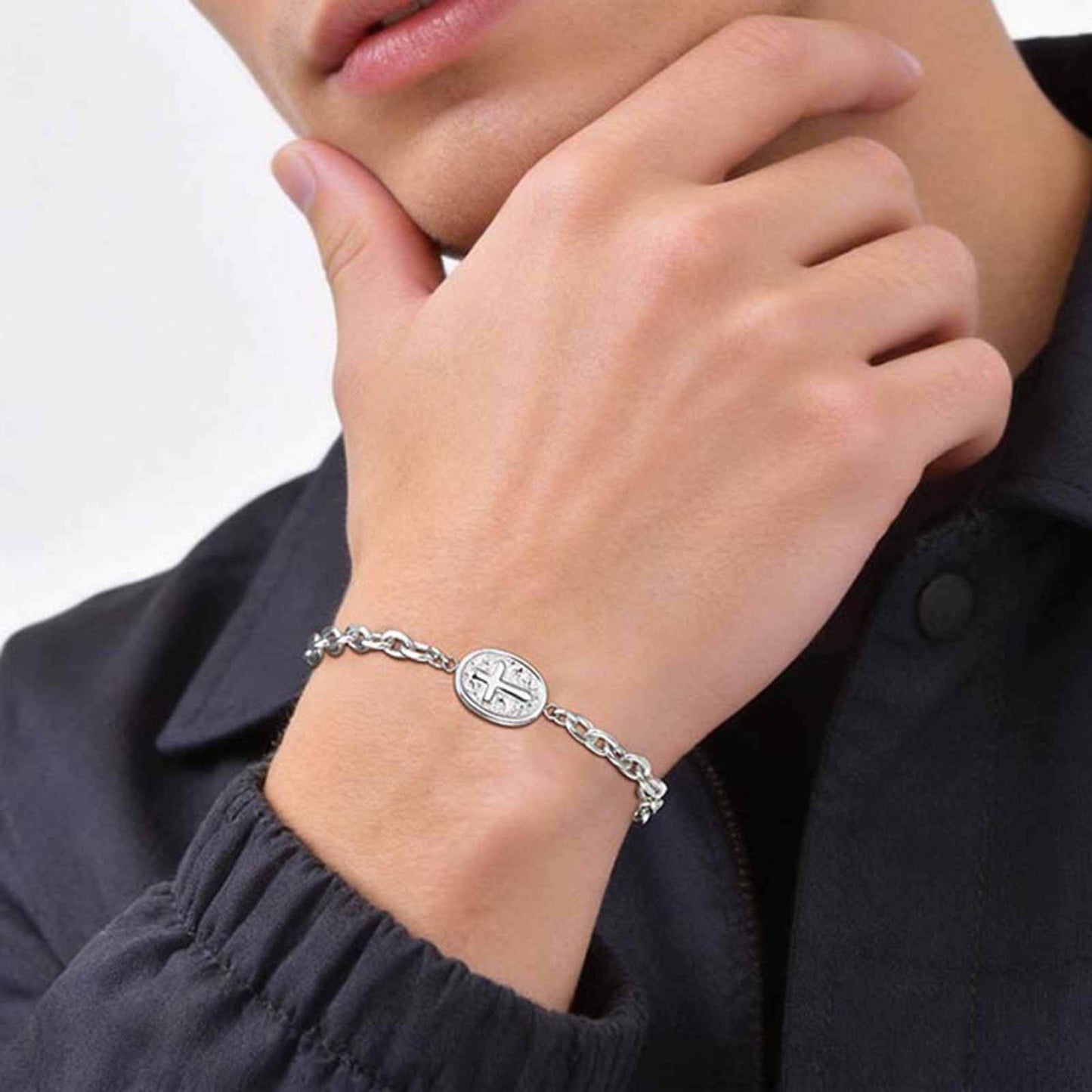 Kemstone Stainless Steel Cross Chain Bracelet for Men – Oval Plate Minimal Style Silver BR-2881