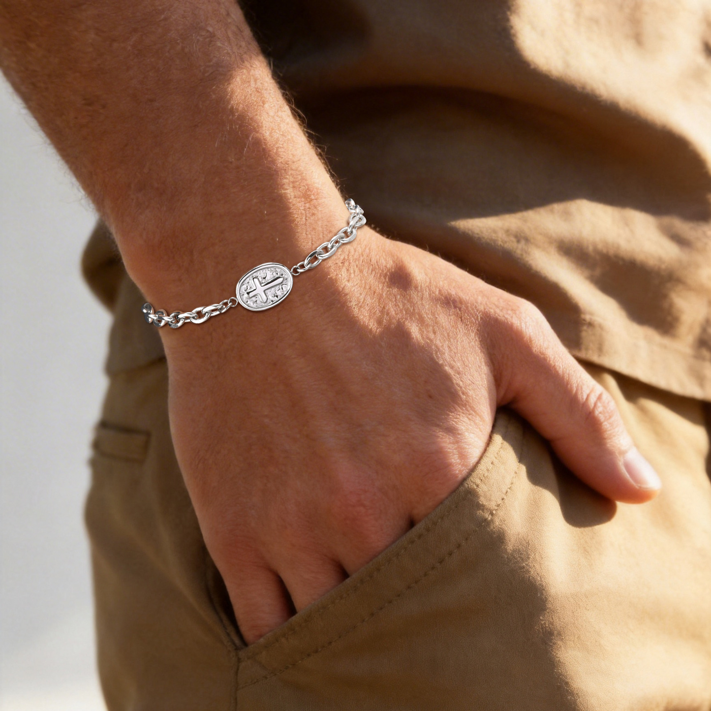 Kemstone Stainless Steel Cross Chain Bracelet for Men – Oval Plate Minimal Style Silver BR-2881
