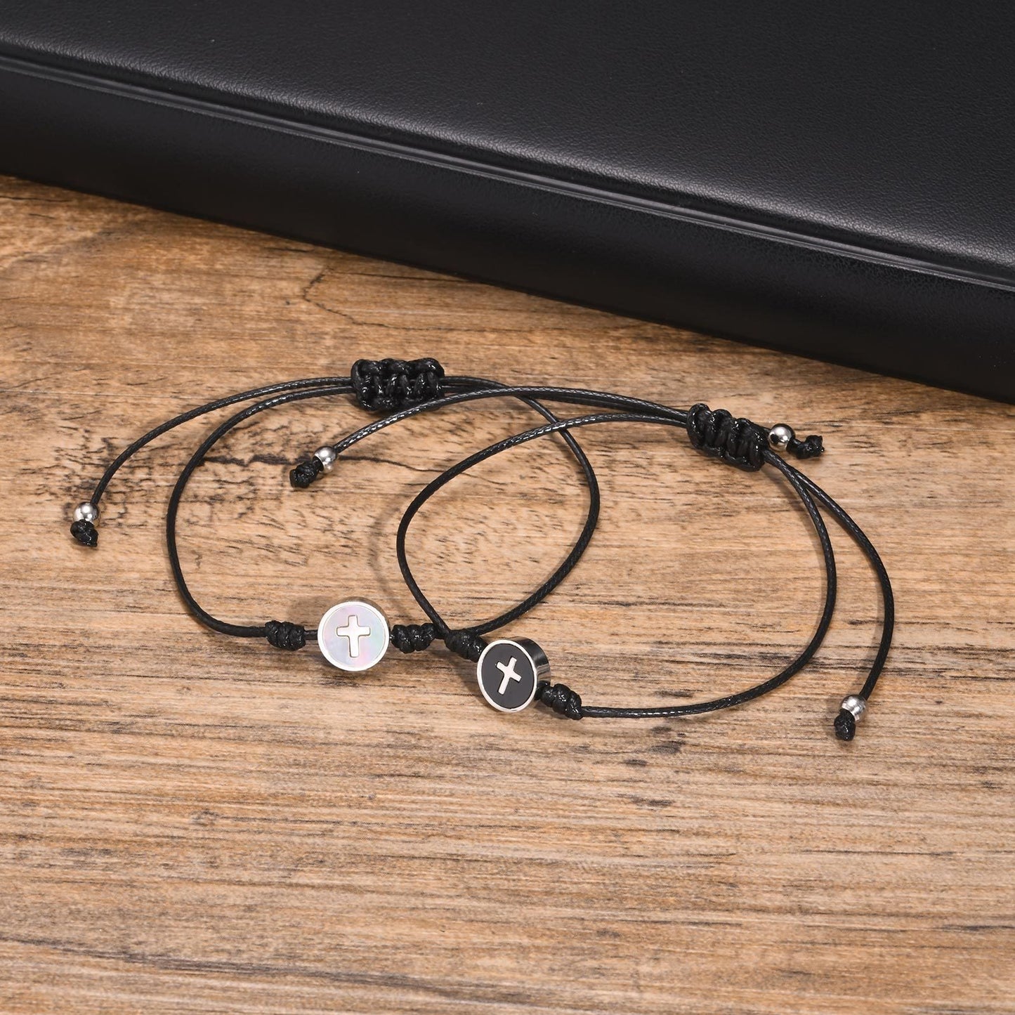 Kemstone Cross Bracelet for Men Stainless Steel Round Charm Adjustable Nylon Cord CB-195