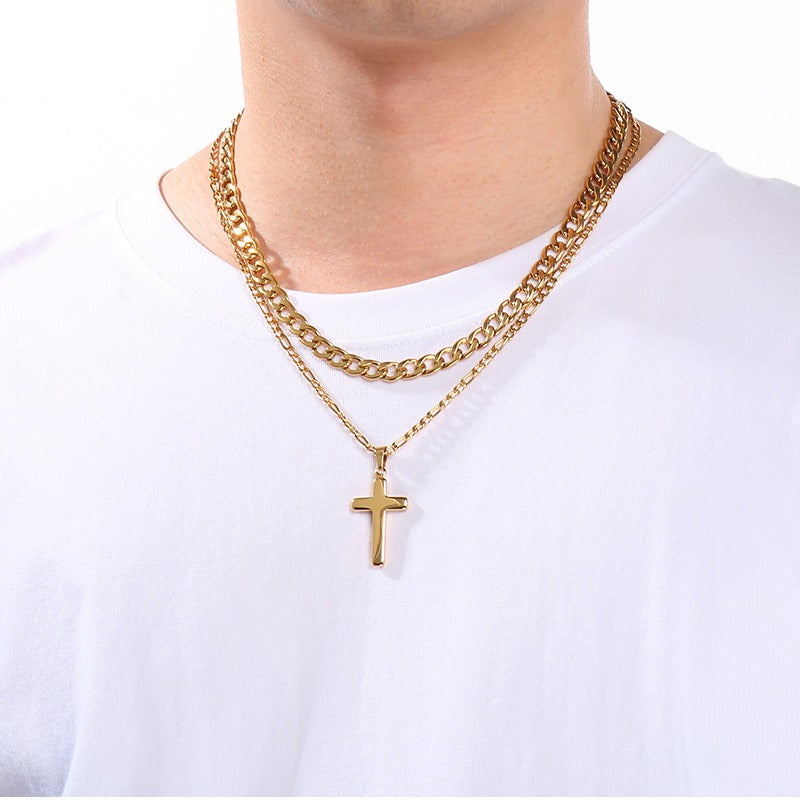 Kemstone Stainless Steel Cross Pendant Necklace for Men Layered NK Chain KN292217-Z