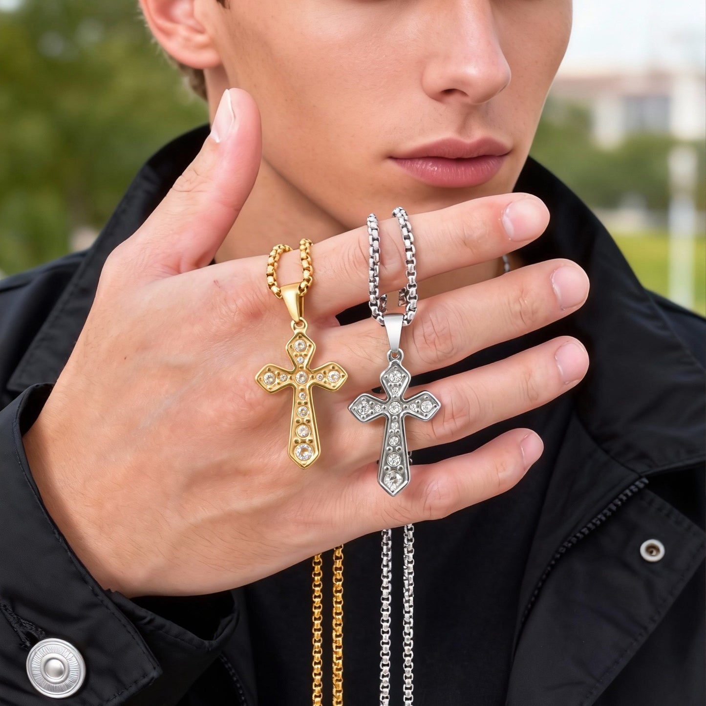 Kemstone Cross Pendant Necklace for Men Gold Plated Stainless Steel Cubic Zirconia Vintage Chain PN-2288