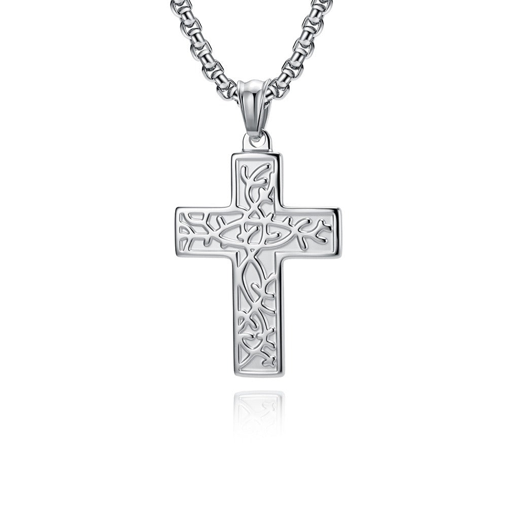 Kemstone Stainless Steel Cross Pendant Necklace for Men Vintage Engraved Tree of Life Lightweight K-PT725