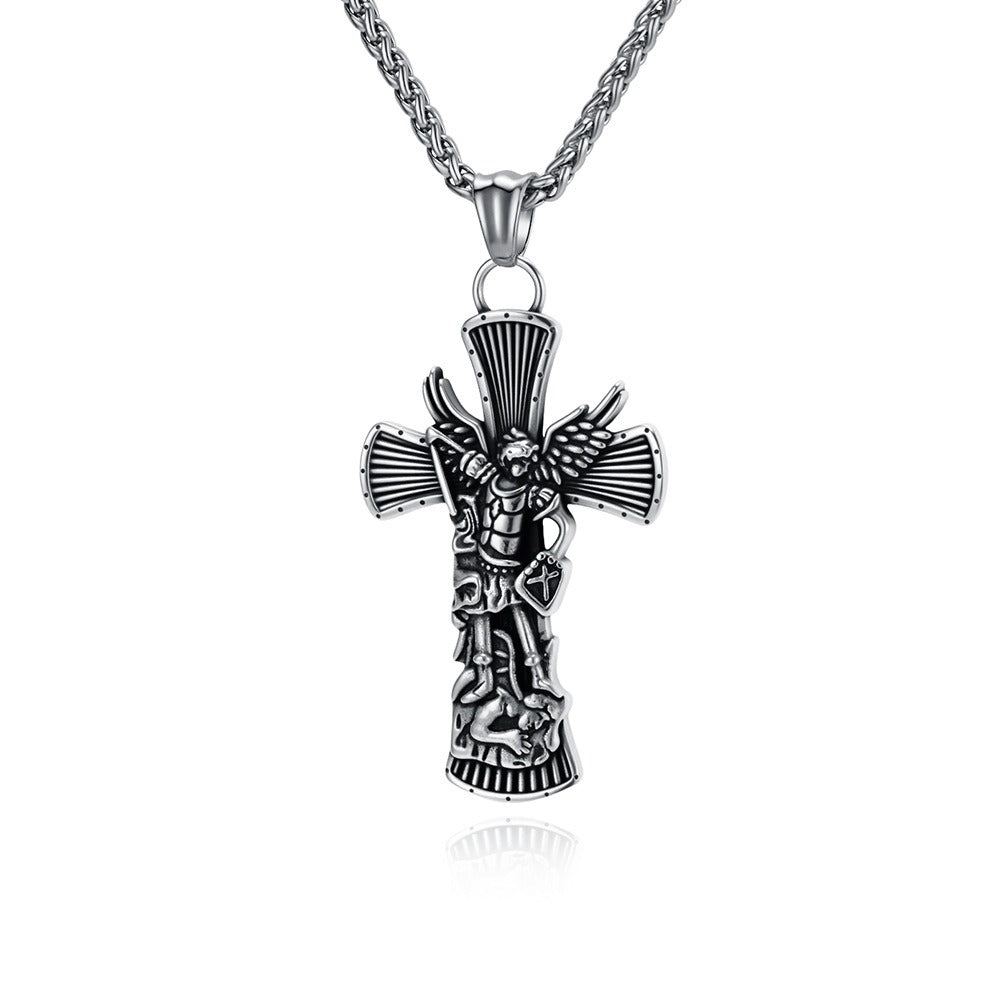 Kemstone Stainless Steel Cross Necklace for Men Angel Figure Detailed Pendant Chain Silver Gold Black K-PT706