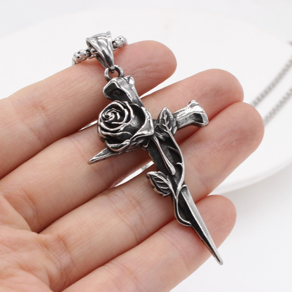 Kemstone Stainless Steel Cross Pendant Necklace for Men Women Rose Detail Vintage P0999