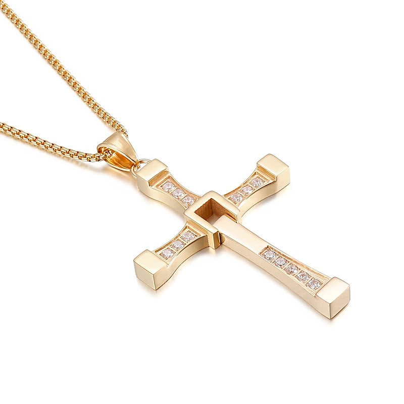 Kemstone Stainless Steel Hollow Moving Cross Pendant Necklace for Men Cubic Zirconia Inlay KP40312-K