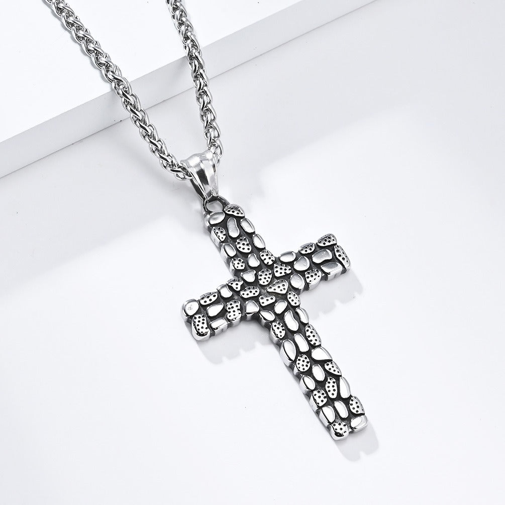 Kemstone Cross Pendant Necklace Titanium Steel Pebble Texture Chain for Men K-PT513