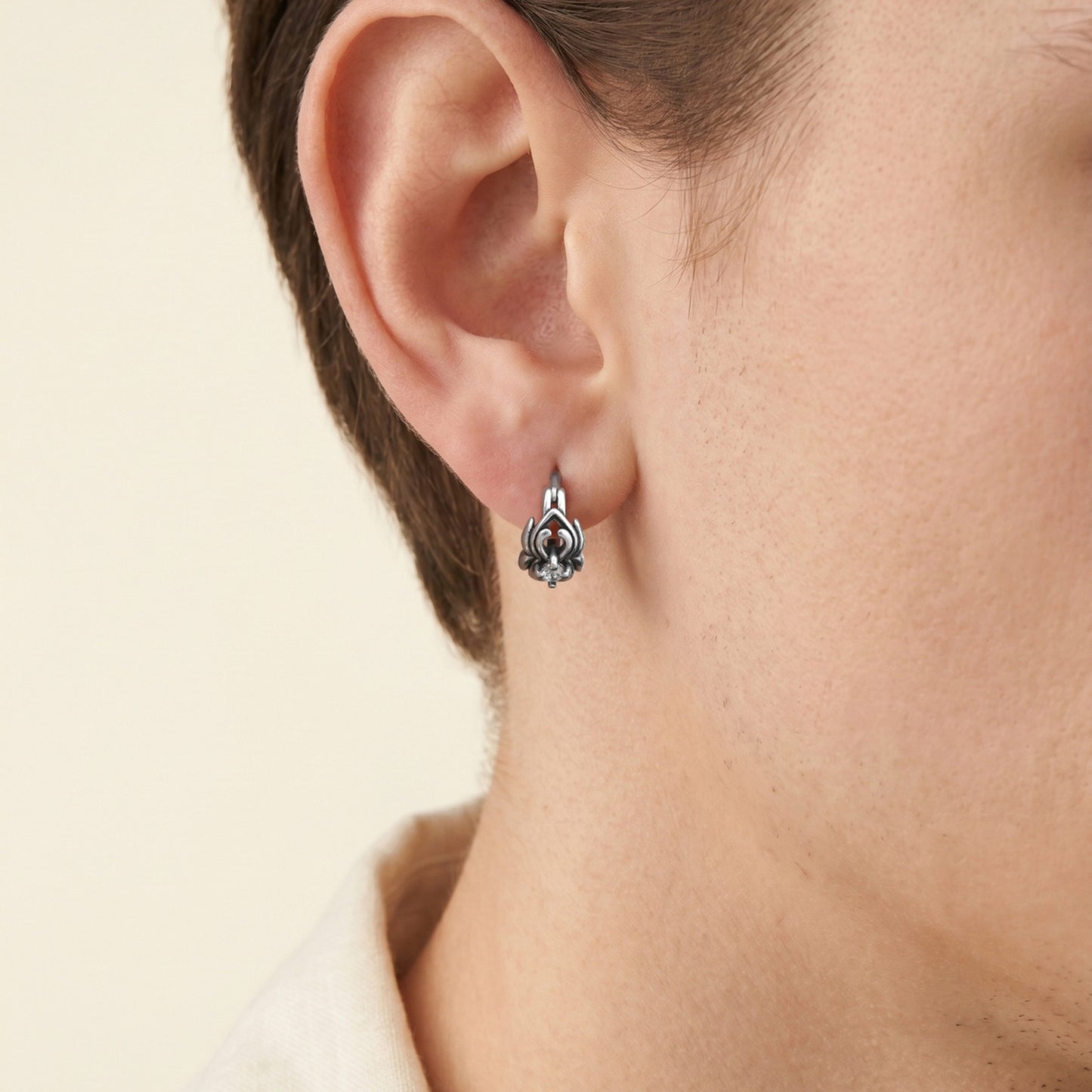 Kemstone Stainless Steel Cubic Zirconia Hoop Earring for Men Wrapped Setting Vintage Silver EH-885