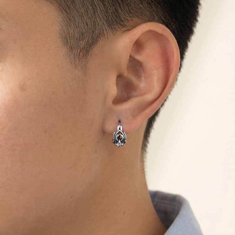 Kemstone Stainless Steel Cubic Zirconia Hoop Earring for Men Wrapped Setting Vintage Silver EH-885