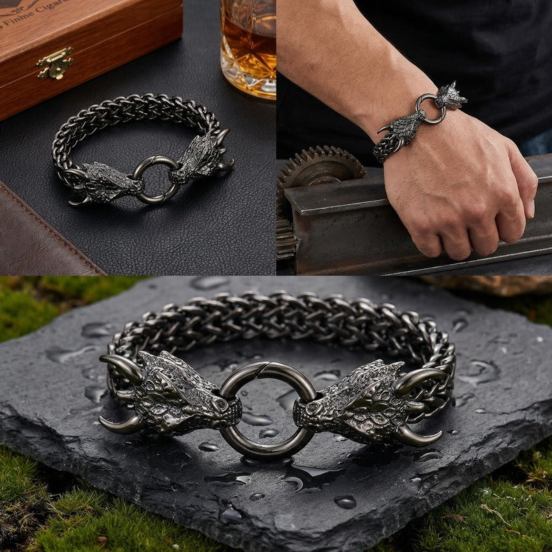 Kemstone Dragon Head Bracelet for Men Titanium Steel Cuban Chain Vintage Dark Finish KB140349-KJX