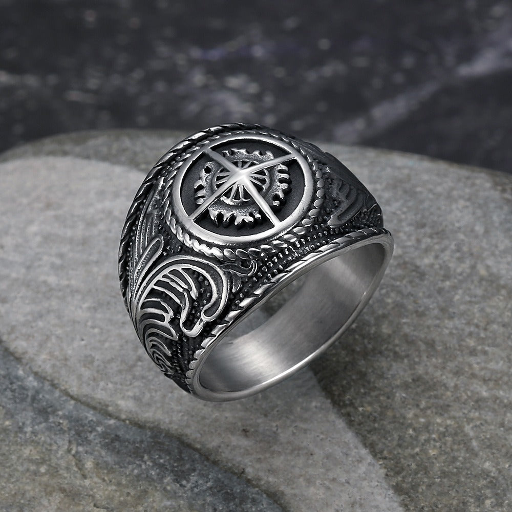 Kemstone  Stainless Steel Vintage Compass Ring for Men Sunburst Design TR0412