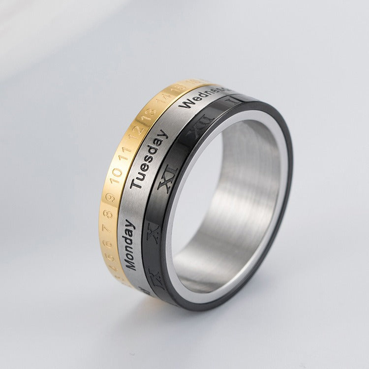 Kemstone Stainless Steel Calendar Ring for Men Roman Numeral Spinner Band K-R076